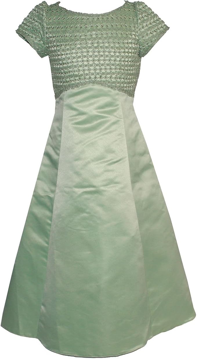 Girls Sage Green Beaded Venice Lace Covered Satin Long