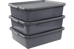 Yesdate 3 Packs 13 L Plastic Commercial Bus Box with Lid, Utility Bus Tub, Grey, F