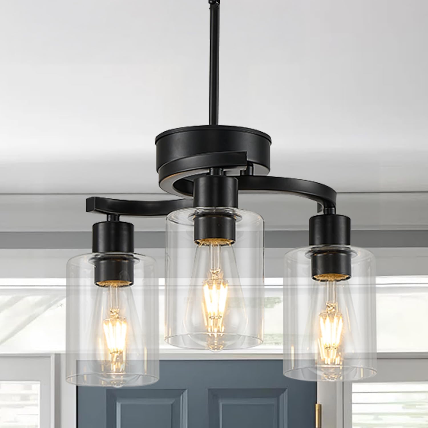 Photo 1 of 3 Lights Farmhouse Black Chandeliers Adjustable Height Hanging Modern Industrial Ceiling Pendant Lights for Kitchen Island Living Room Foyer Entry Bedroom Staircase