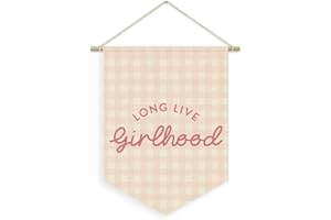 XYDEG Girl Nursery Decor, Long Live Girlhood Linen Canvas Banner, Pink Checkered Preppy Girly Wall Hanging Pennant Flag Banner for Girls Nursery Kids Toddler Room Bedroom Dorm Decor, 15x11in