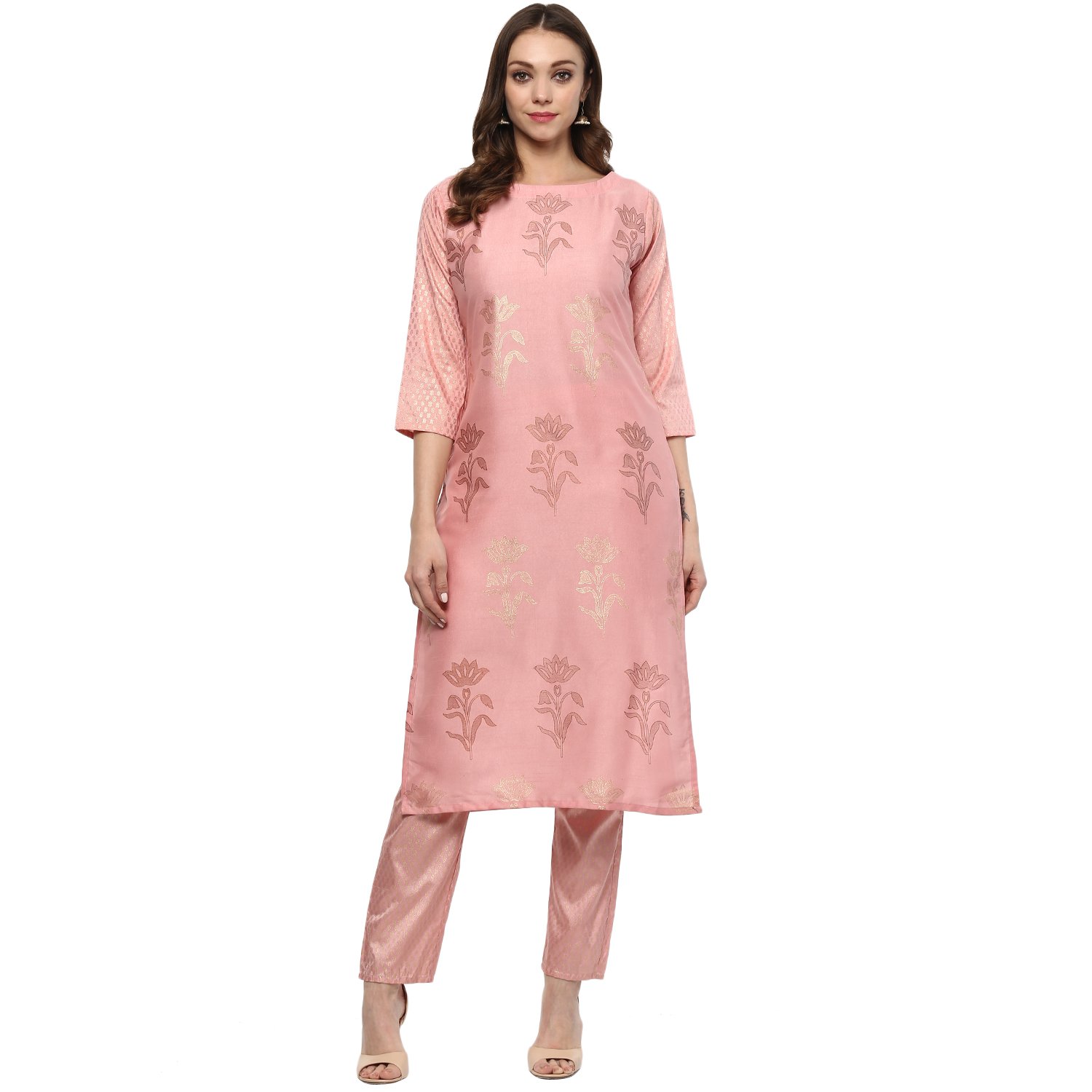 ziyaa women's pink colour straight polysilk gold foil print kurta (zikups2068)