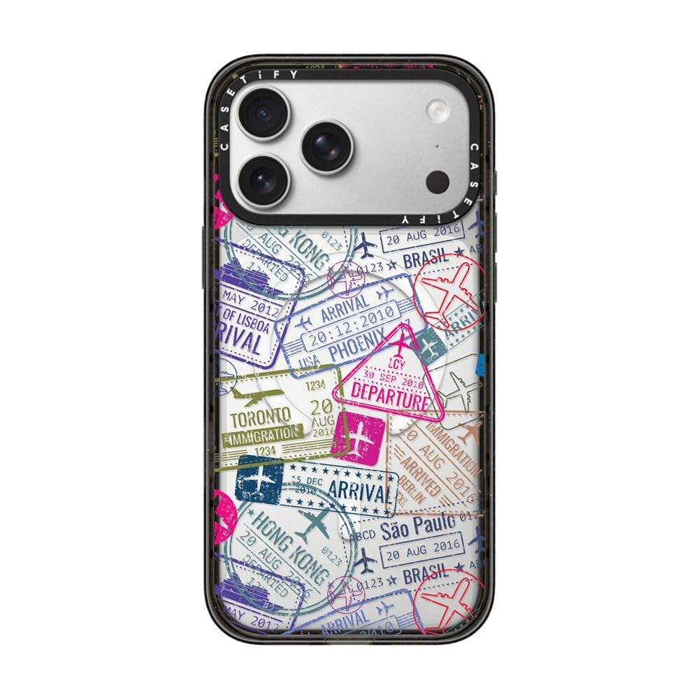 CASETiFY Impact iPhone 17 Pro Max Case [Slim/Compatible with Magsafe / 8.2 ft. 4X Military Grade Drop Protection] - Travel Stamps - Clear Black