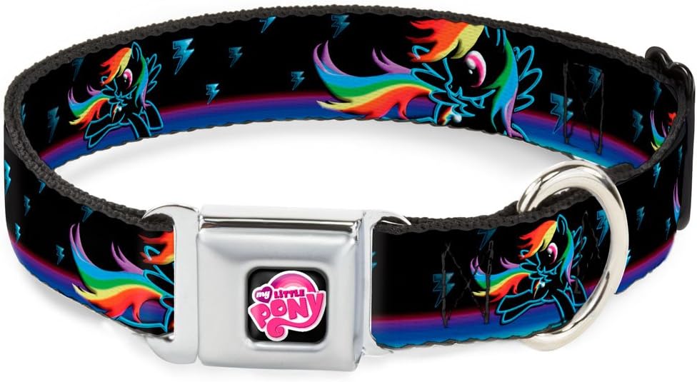 Buckle-Down Seatbelt Buckle Dog Collar - Rainbow Dash Pose/Lightning Bolts Black/Blues - 1.5" Wide - Fits 18-32" Neck - Large