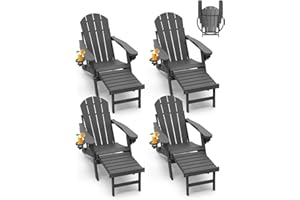 GREENVINES Adirondack-Chairs-with-Ottoman | Set of 4 | Folding | Retractable-Footrest | HDPE Plastic | All Weather Fire Pit Chair | Cup Holders | Grey | for Outdoor Poolside