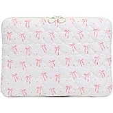 Puffy Laptop Sleeve 13-15 Inch, Cute Bow Laptop Protective Case, Quilted Padded Computer Cover, Aesthetic Carrying Tablet Bag (A04-White, 13-14inch)