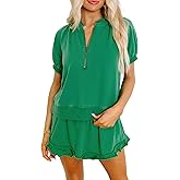 KevaMolly Women's 2 Piece Lounge Sets Casual Short Sleeve Outfits Half Zip Puff Sleeve Top and Ruffled Shorts Set