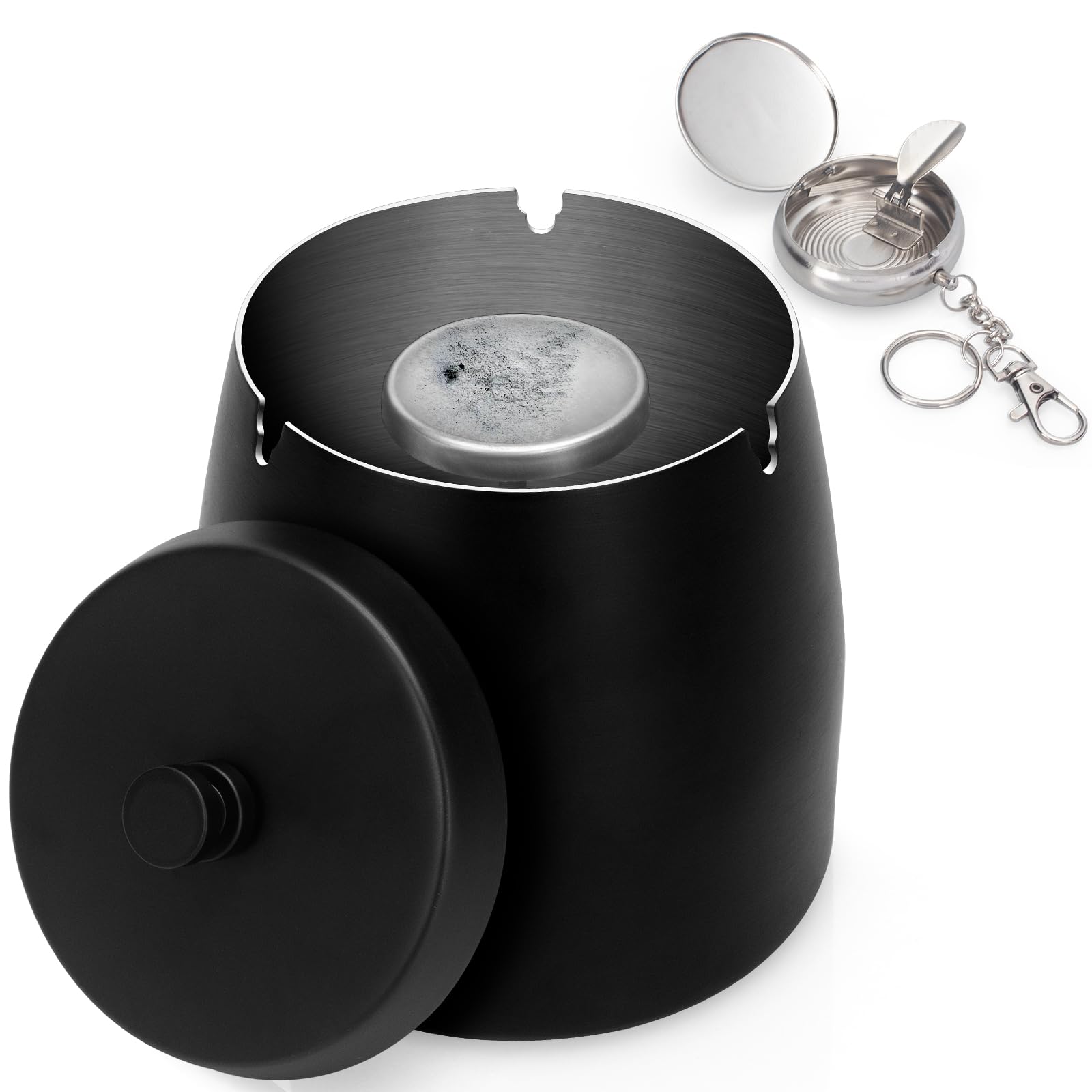 Yurblax Ashtray with Lid [Larger Size, 10 * 9 * 10 cm] Stainless Steel Ash Tray Smell Proof and Windproof, with Pocket Ashtray, for Outdoors, Garden, Office, Home, Black