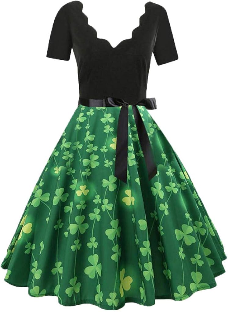 Sunnyuk St. Patrick's Day Robe Manche Courte Imprimée Licou Trèfle