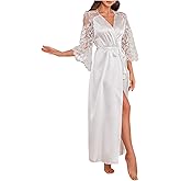 OYOANGLE Womens Silk Maxi Robe Short Lace Trim Satin Kimono 3/4 Sleeve Elegant Vacation Wedding Robes