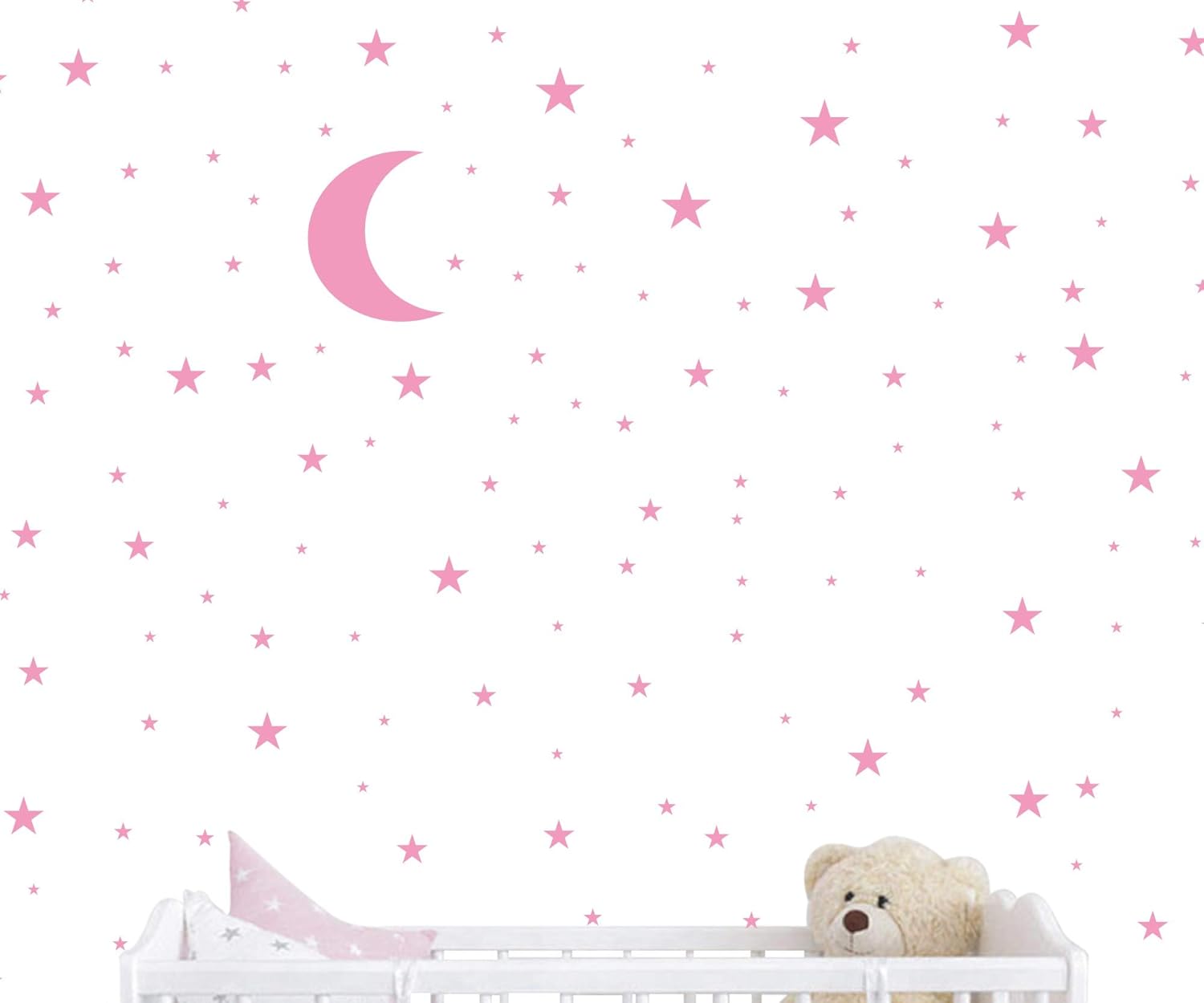 Moon and Stars Wall Decal Vinyl Sticker For Kids Boy Girls Baby Room Decoration Good Night Nursery Wall Decor Home House Bedroom Design YMX16 (Soft Pink)