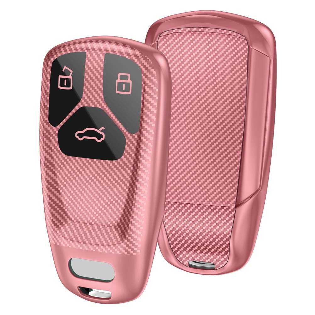 OATSBASF Car Key Cover Compatible with Audi A4L A6L A8 Q5 Q7 TTS TT Silicone TPU 3 Buttons Key Box Shell (Pink-Stripe)