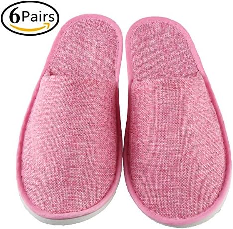 6 Pairs Slippers for Women Disposable Hotel Spa Slippers Non Slip Home Slipper Linen, Pink