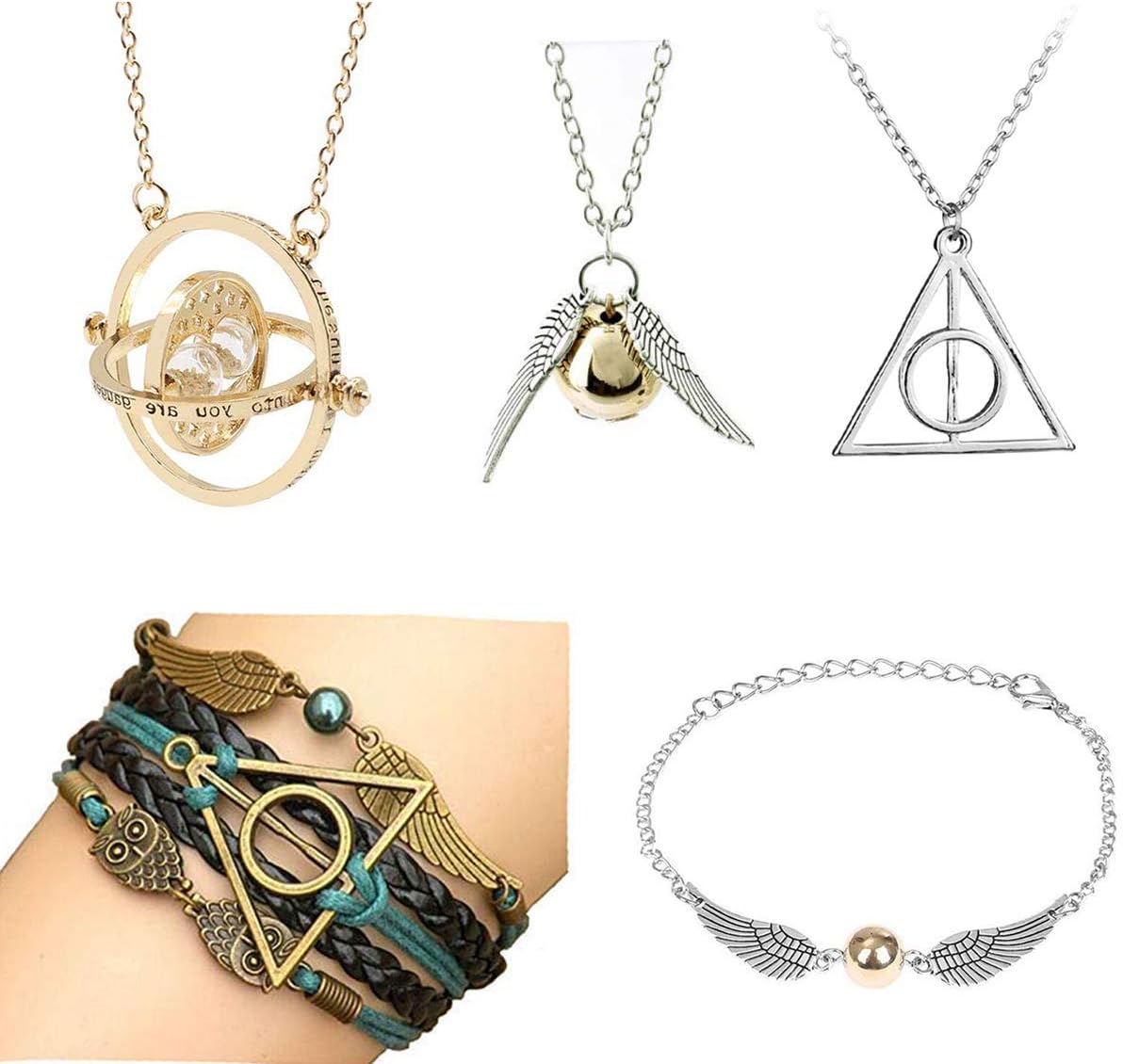 TANSHOP Necklace Merchandise for kids Time-Turner Death-Hallows Golden-Snitch Necklace Bracelet Jewelry Set Best Gift for Boys, Girls, Kids, Women 4 Pcs (5PCS)