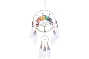 PRETTY JOLLY 7 Chakras Tree of Life Dream Catcher Wall Decor with Rainbow Healing Crystal Stone Handmade White Feather DreamCatchers Wall Hanging Ornaments for Bedroom Home Decor Blessing Gift Wedding Party-23.6"