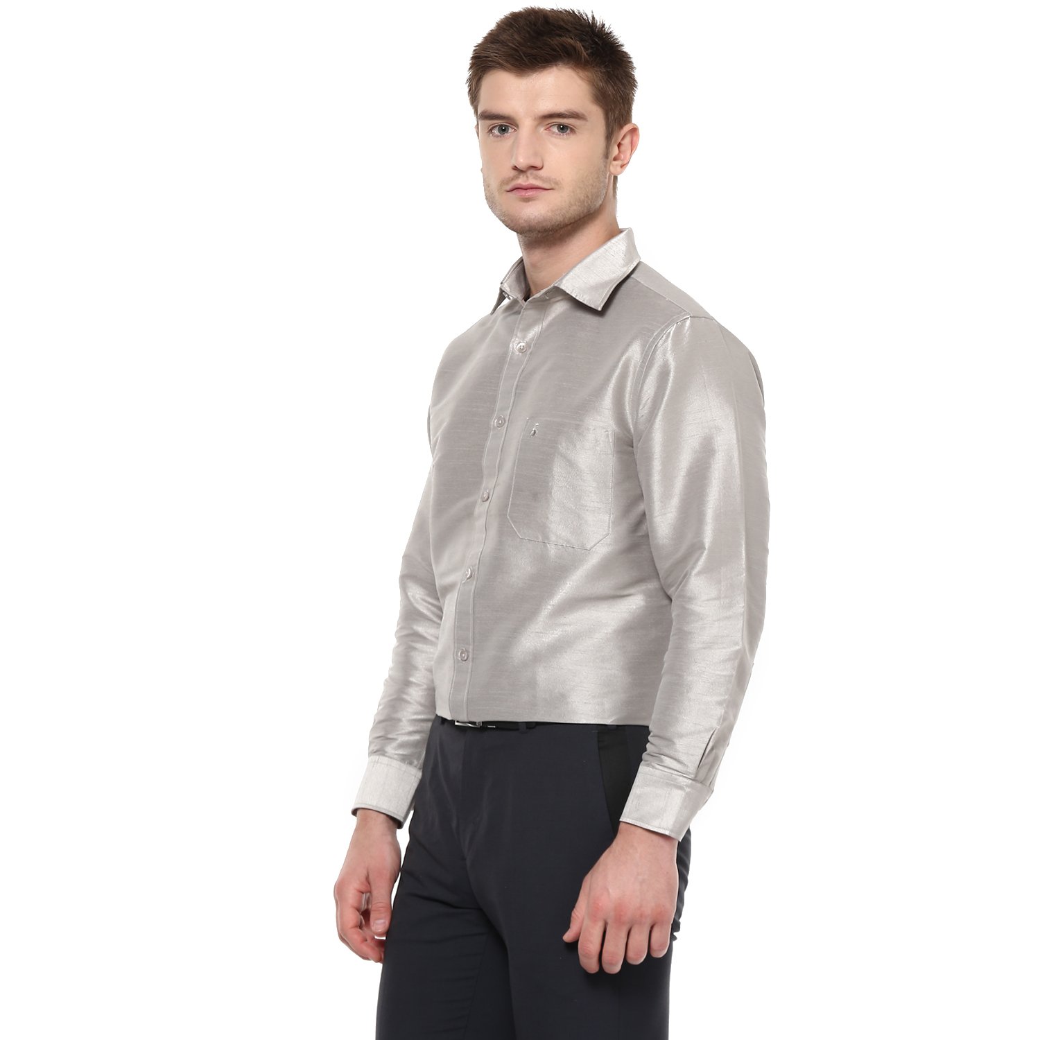 khoday williams men's silver poly silk solid shirt