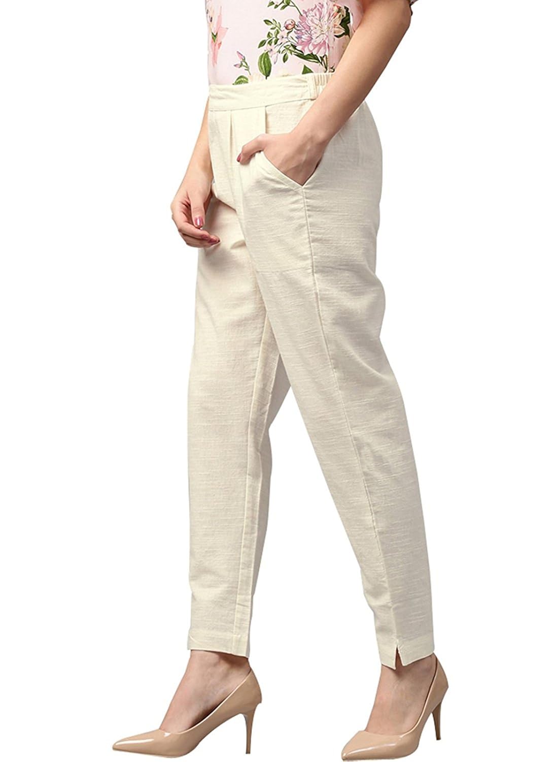arihant women's/girl cotton slub trouser pant (off-white)