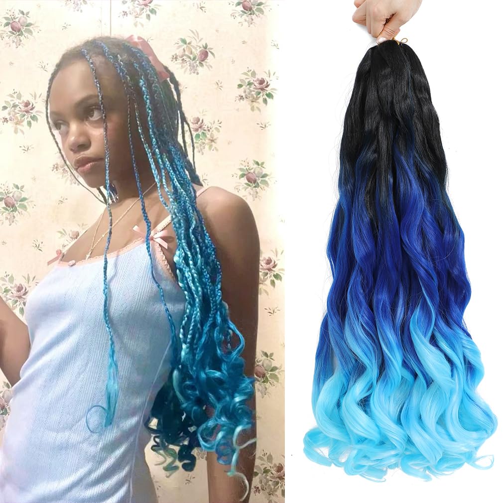 Photo 1 of WIPPORYA Ombre blue French Curly Braiding Hair 24 Inch 6 Packs Black Loose Wave Bouncy Crochet Hair Pre Stretched 100g/pack Yaki Curly Braiding Hair for Black Women Hair Extensions (Ombre blue)