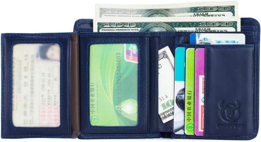 Mens Wallet RFID Blocking Bifold Genuine Leather Slim Wallet With 2 ID Window (blue)
