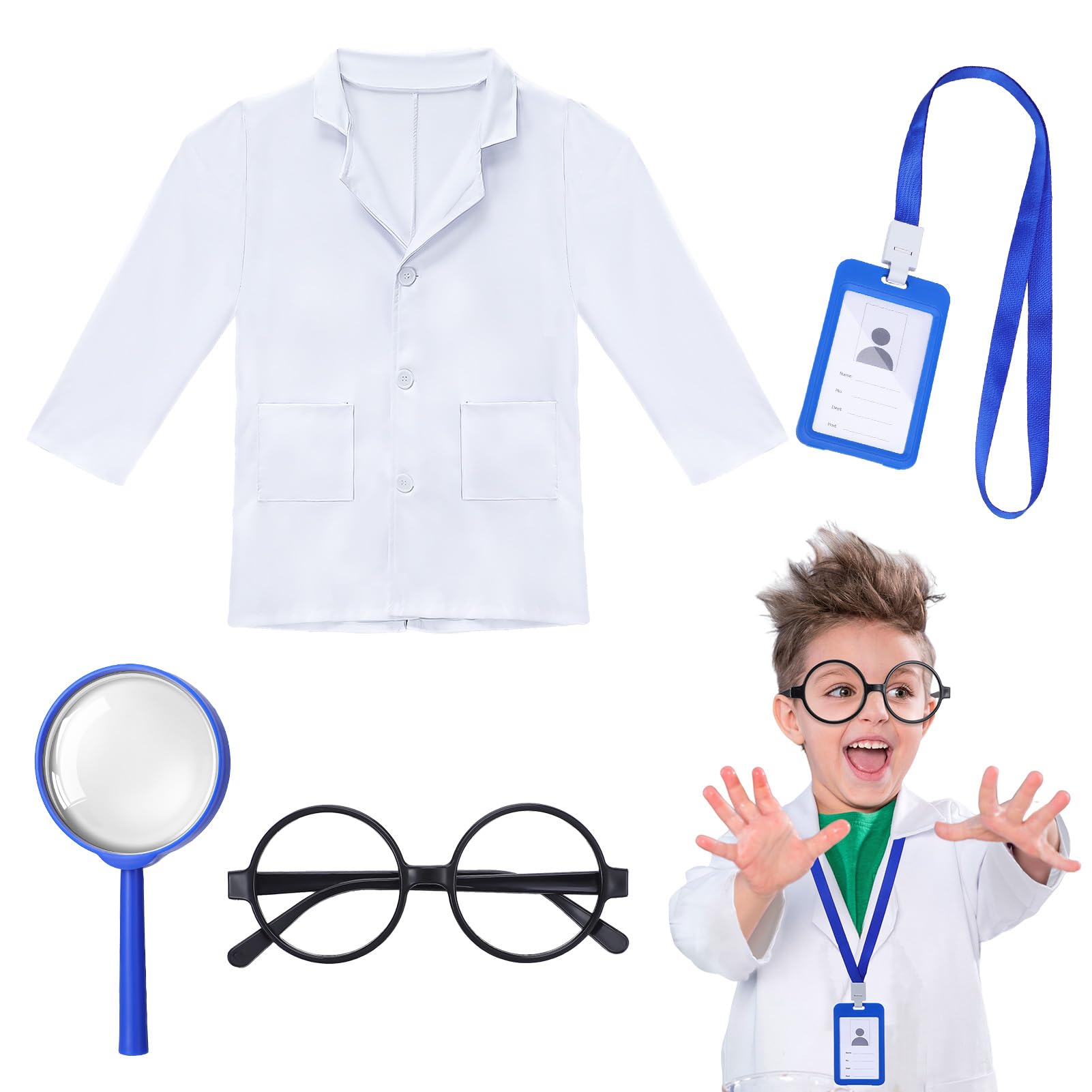 Candcamp 4 Pcs Scientist Costume Kids Sets, Kids Scientist Costume Include ID Card Lab Coat Magnifier and Glasses Frames, Science Outfit for Science Week Dress Up for Boys Girls