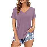 Amoretu Womens Tshirts V Neck Short Sleeve Tops Tee Solid Color Blouse
