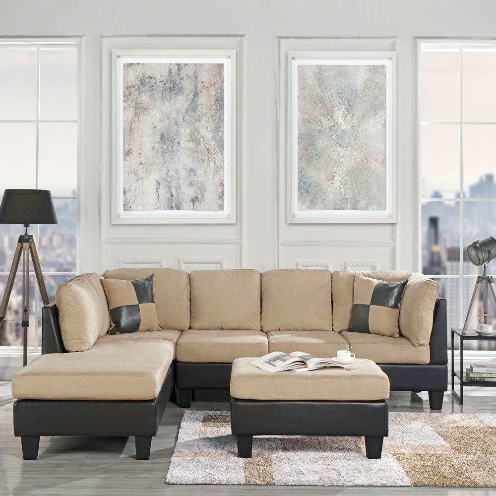 Casa Andrea Modern 3-Piece Microfiber and Faux Leather Sofa and Ottoman Set, 102" W (Beige): Furniture & Decor