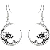 Crymystal Gothic Skull Moon Drop Earrings Punk Hip Hop Hanging Earrings Exaggerated Skull Earrings for Women Halloween Style Party Jewelry