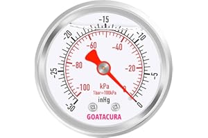 GOATACURA -30inHg/kpa-0 Glycerin Filled Vacuum Pressure Gauge, 2" Dial Size, 304 Stainless Steel Case, 1/4" NPT Center Back Mount, with High Accuracy