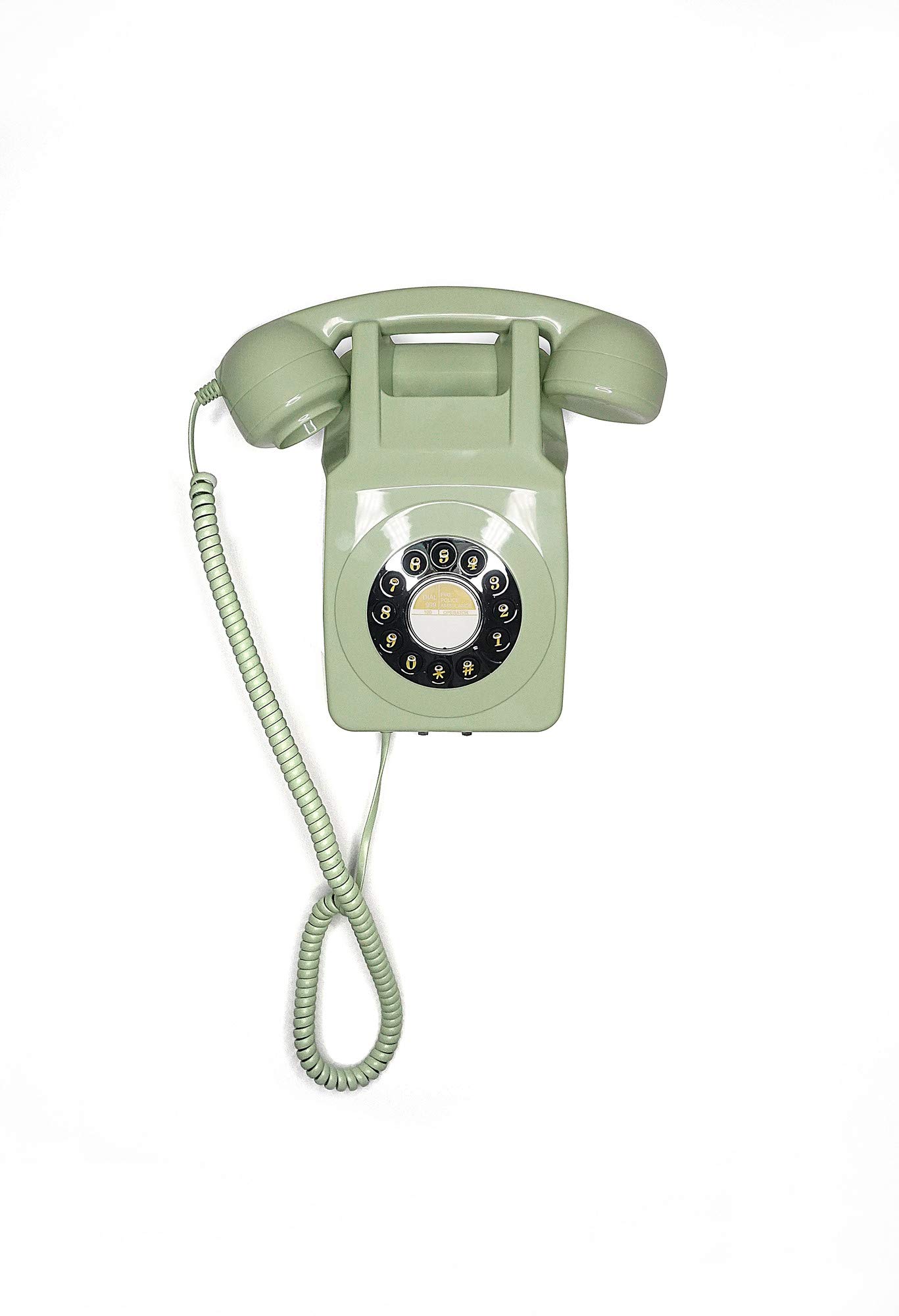 GPO 746 Wall-Mounted Push-Button Retro Landline Phone, Vintage Landline Telephone for Home, Office, Retro Phones with Authentic Bell Ring and Curly Cord, Green