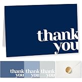 Paper Play Thank You Cards Bulk Pack of 40 Blue, 5x3.5 Inches with Matching Stickers & Envelopes, Minimalistic Design Suitabl