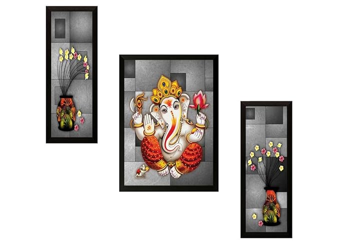 SAF Diwali Gift UV Textured Ganesh Print Framed Painting Set of 3 for Home Decoration – Size 35 x 2 x 50 cm PhotoS55