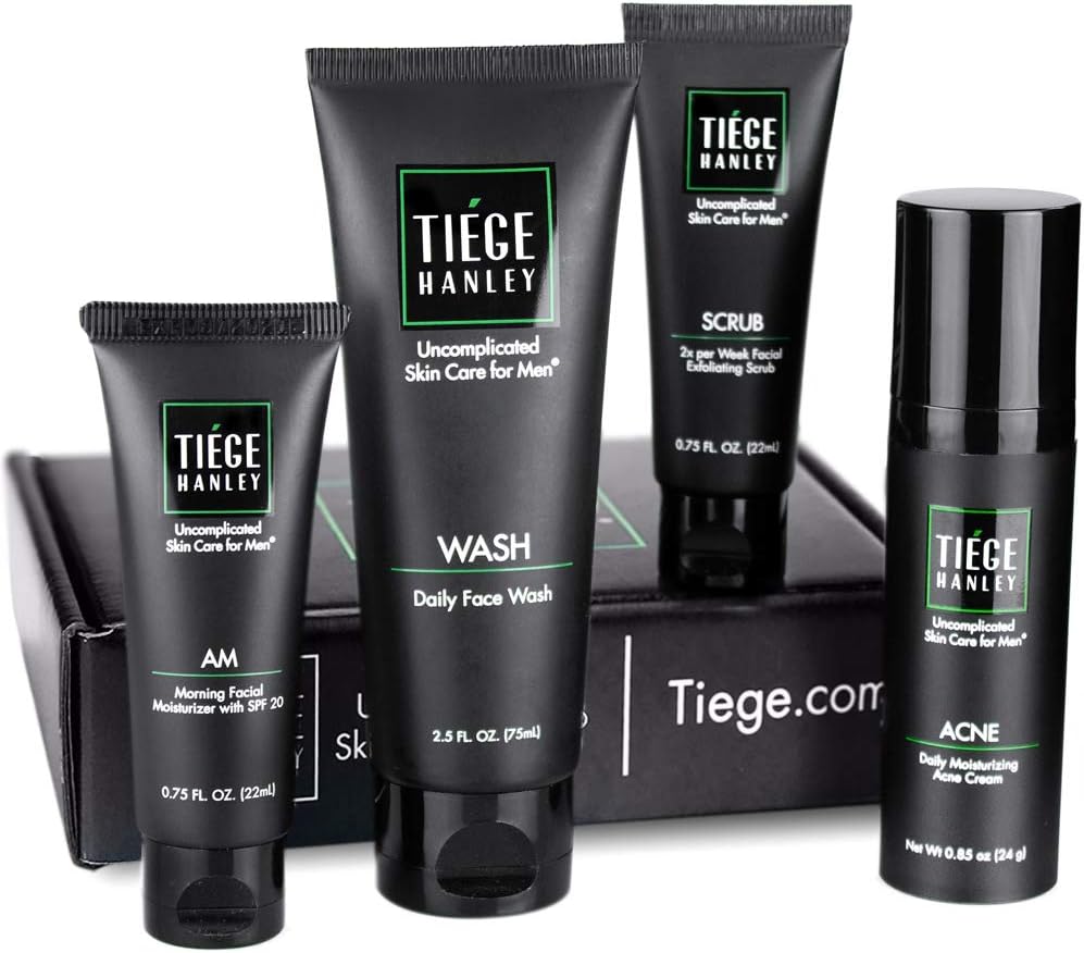 Tiege Hanley Men's Acne System - Level 1 | Acne Treatment Products for Men | Routine Set Contains: Face Wash, Moisturizer, Face Scrub & Salicylic Acid Acne Cream | Uncomplicated Skin Care for Men