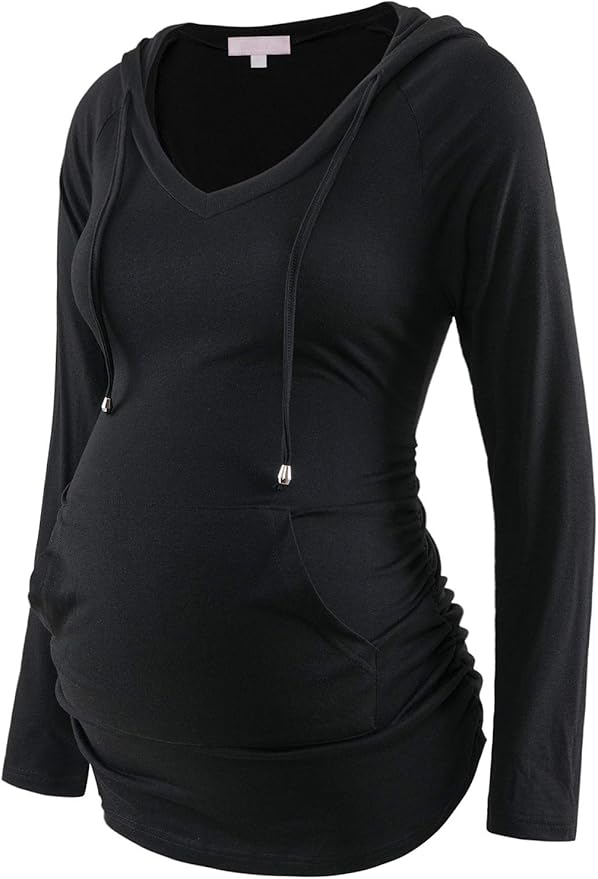 Maternity Hoodie Long Sleeves Shirt Casual Vneck Top