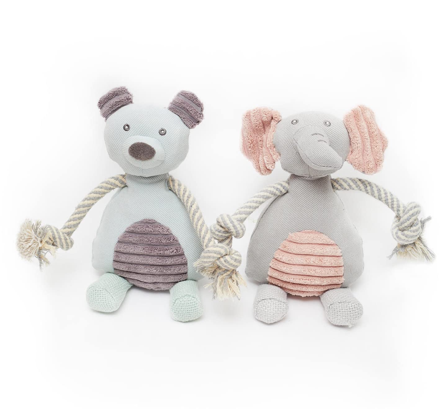 Pet London Set of Two Puppy Toys- Plush toy elephant and bear-rope arms and squeaker-chew toy gift