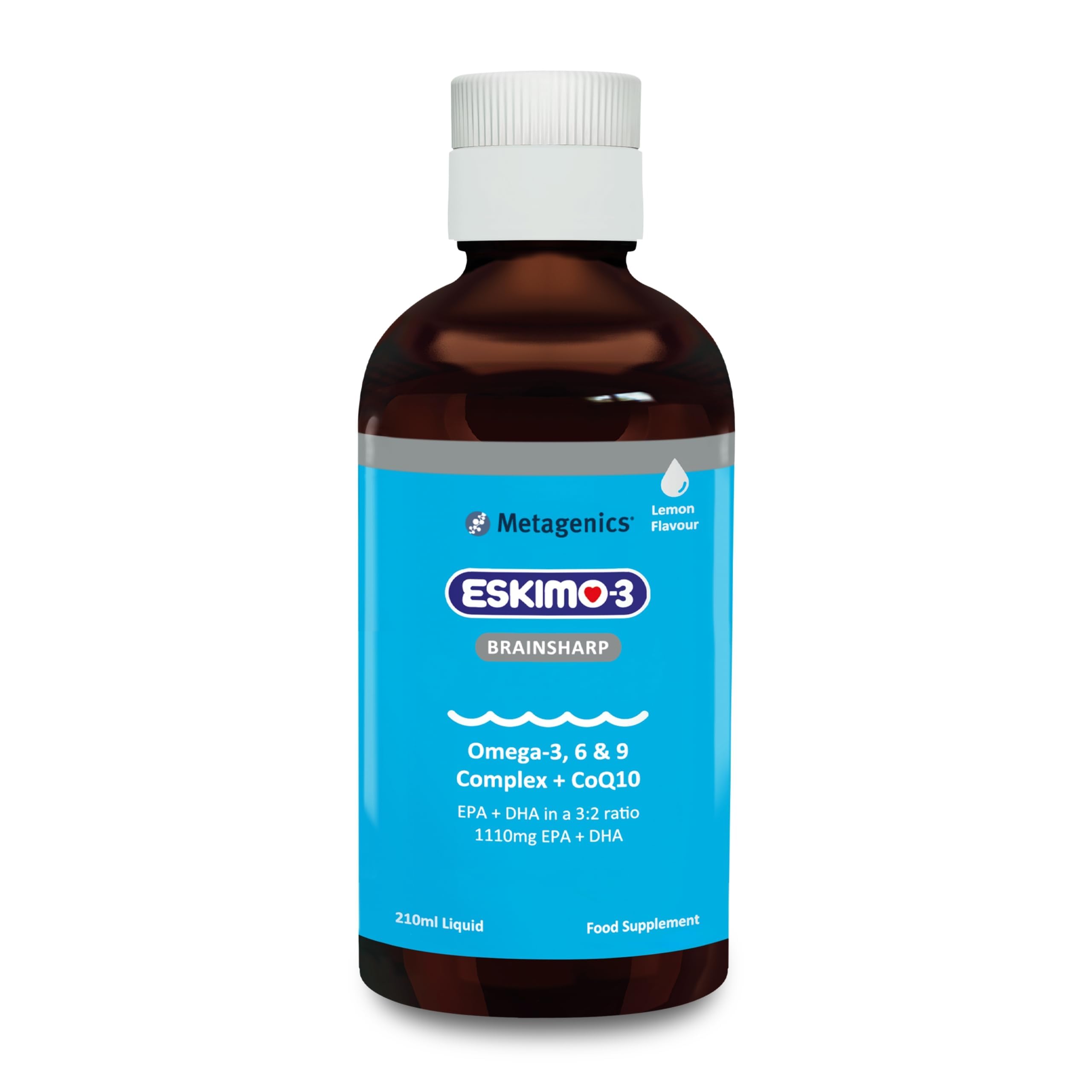 Eskimo-3 Brainsharp Fish Oil by Metagenics - Omega-3, 6 & 9 + CoQ10 for Memory & Concentration - 1110mg EPA & DHA - Lemon Flavour, 210ml