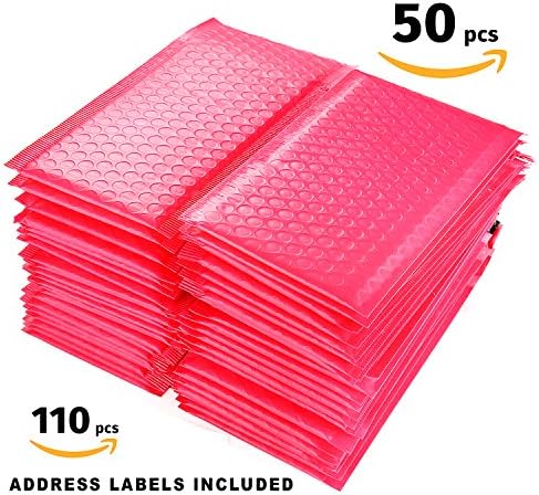 Bubble Mailers - Hot Pink Poly Waterproof Padded Shipping Envelopes (4x8 Inches, 50 pcs) with Additional 110 White Address Labels - Self Seal, Lightweight, 100% Recyclable - by FunnyHelpers