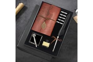 GCCL Quill Pen and Ink Set, Antique Feather Dip Calligraphy Pen Set, including Feather Pen, 5 Replacement Nibs, Pen Nib Base, Notebook, Ink, Gift Box, Best Gifts for Men Dad (Black)