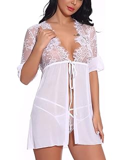 FeelinGirl Mujer Ropa Erótica Camisón Sexy Translúcido Elástico de Encaje Floral con Tanga