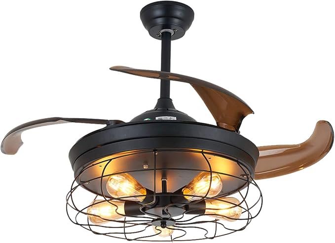 Light Industrial Ceiling Fan Retractable Blades Vintage Cage Chandelier, 42 Inch Black