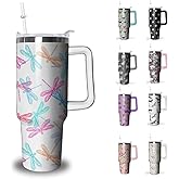 Dragonfly Tumbler with Handle and Straw, 40 oz Stainless Steel Pink Insulated Cup with Lid and Straw,Travel Coffee Mug Water Bottle, Birthday Christmas Mothers Day Gifts for Animal Lovers Women