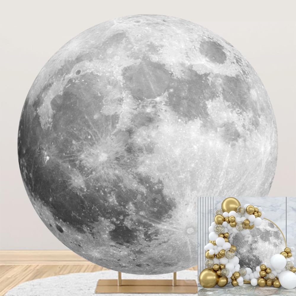 Photo 1 of DORCEV Diameter 7.2ft Outer Space Round Backdrop Cover Universe Moon Surface Mysterious Fantasy Cosmic Planet Photography Background for Boy Birthday Party Decor Kids Adults Art Portrait Photo Props