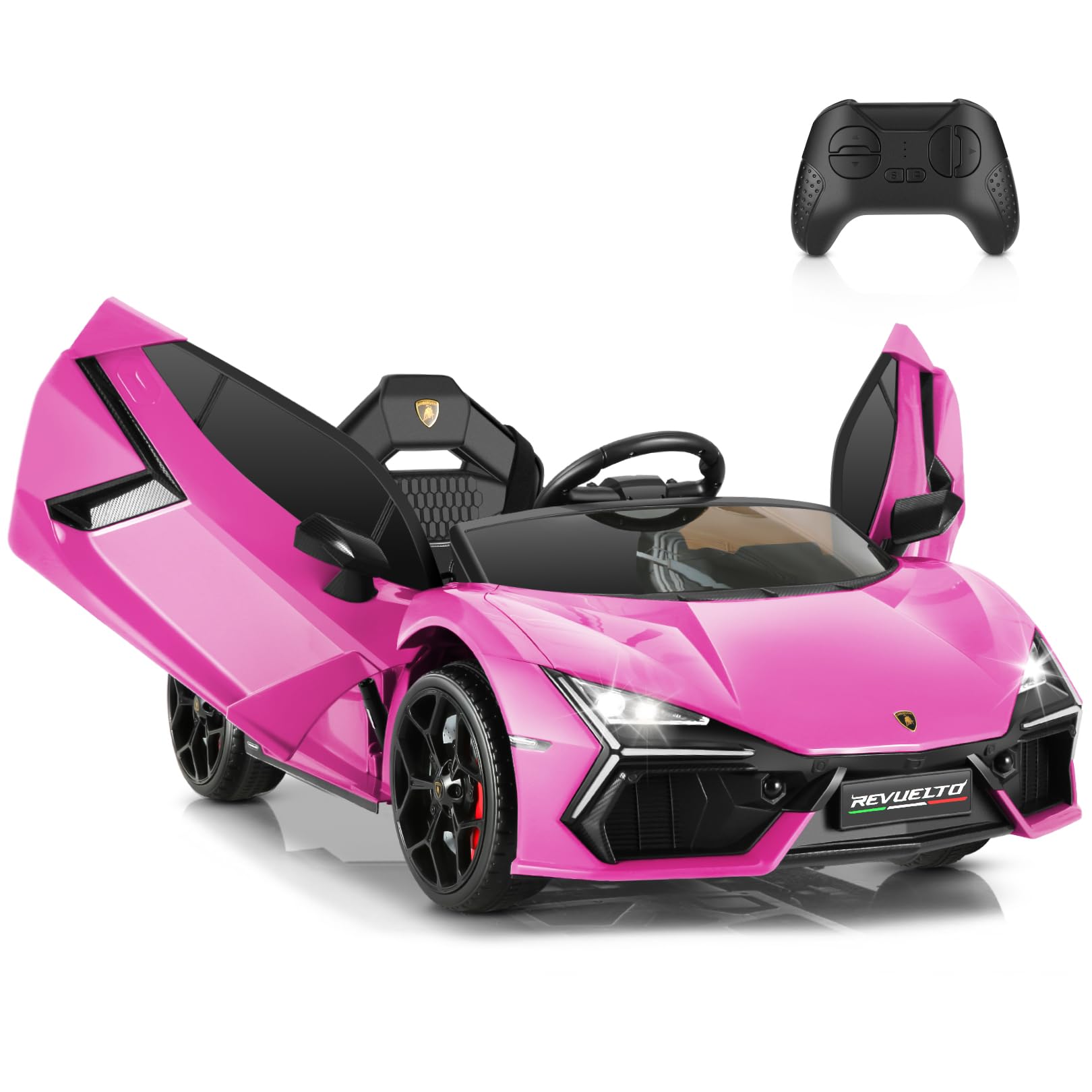 Hikole Lamborghini Toy Car, 12V Electric Sport car, with Remote Control, Motorized Cars for Toddlers, Hydraulic Doors, Brake Caliper, 3 Speeds, Safety Belt, Music/USB/Bluetooth, Hot Pink