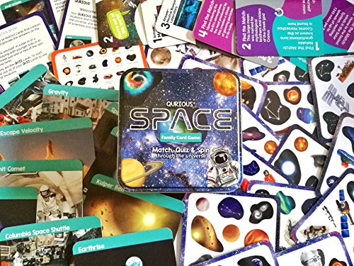 QURIOUS SPACE - 4 fast & fun STEM space card games! Explore, Match, Quiz & Spin throughout the Universe! 90 double-sided, full color play cards. Ages 3+