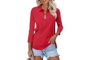 TICTICMISS Women's 3/4 Sleeve Tops V Neck Button Polo Shirts Casual Basic Tees Blouse