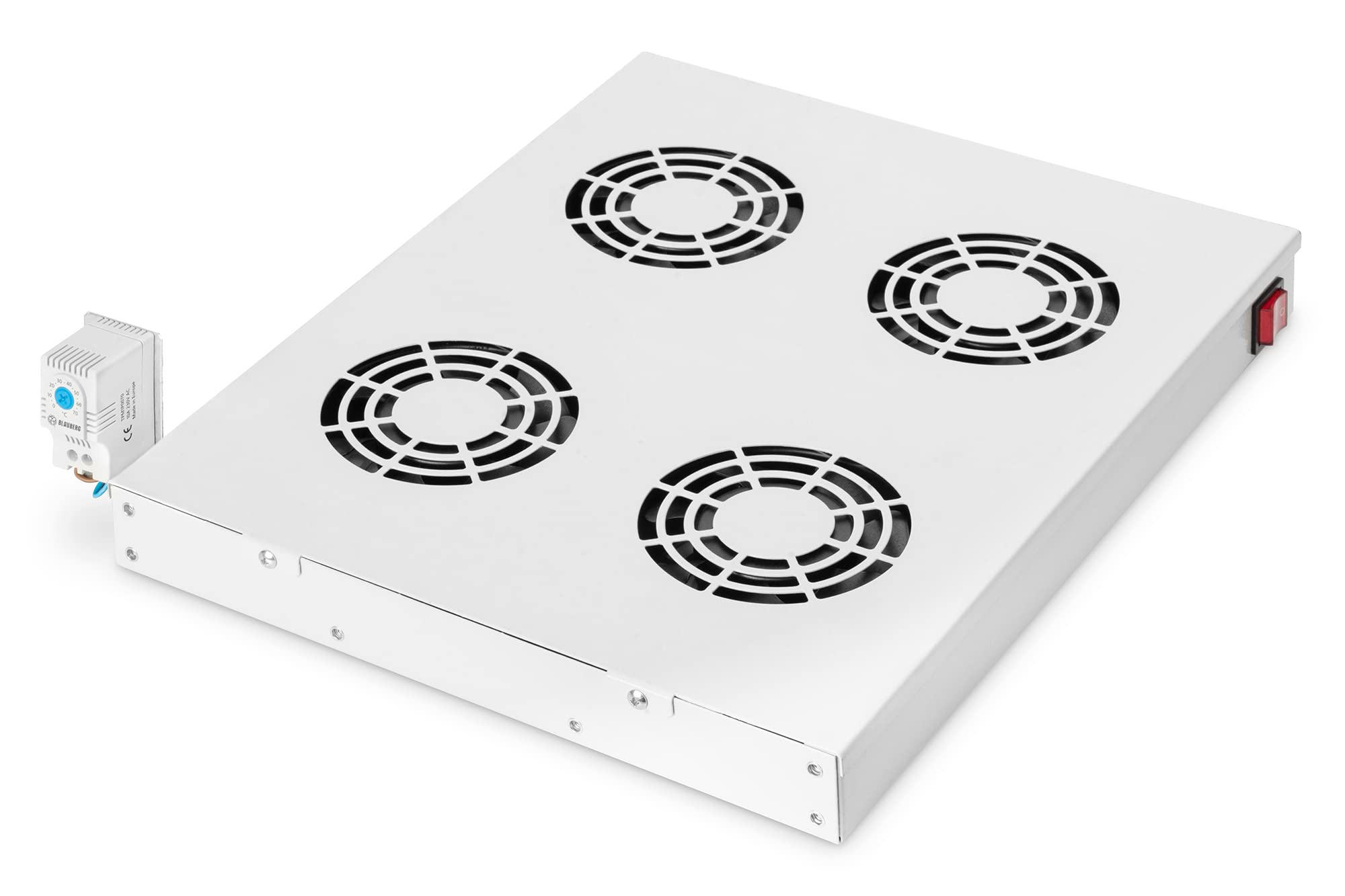 DIGITUS fan unit for 19-inch network cabinet – 4 fans – Variable mounting on 19-inch profile rails – 1 U – Thermostat – Air flow rate 9.3 m³ per minute – Grey — image 1
