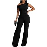 GOKATOSAU Women's One Off Shoulder Sleeveless Ruched High Waist Long Wide Leg Pants Jumpsuit