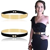 Women Elastic Mirror Metal Waist Belt Metallic Waistband,Golden, One Size