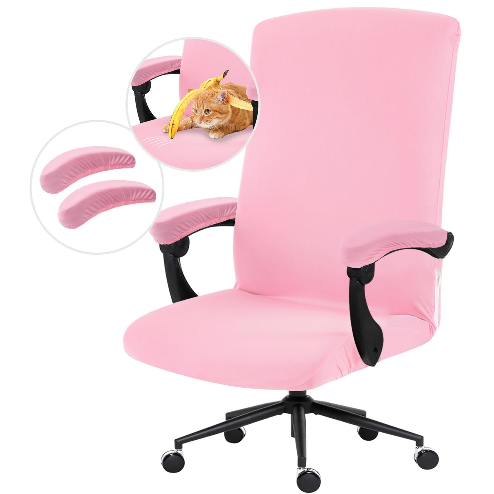 Photo 1 of Stretch Computer Office Chair Cover with Armrest Covers Durable Zipper Universal Washable Removable Spandex Rotating Boss Chair Slipcovers Anti-dust Soft Desk Chair Seat Protector, Pink