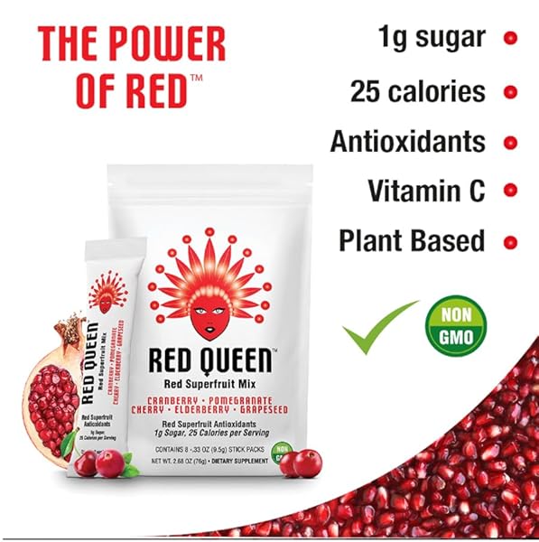 RED QUEEN® RED SUPERFRUIT DRINK MIX|1G SUGAR, 25 CALORIES PER SERVING|RED SUPERFRUIT ANTIOXIDANTS WITHOUT ALL THE SUGAR & CALORIES IN JUICE|CRANBERRY-POMEGRANATE-CHERRY-ELDERBERRY-GRAPESEED(PACK OF 8)