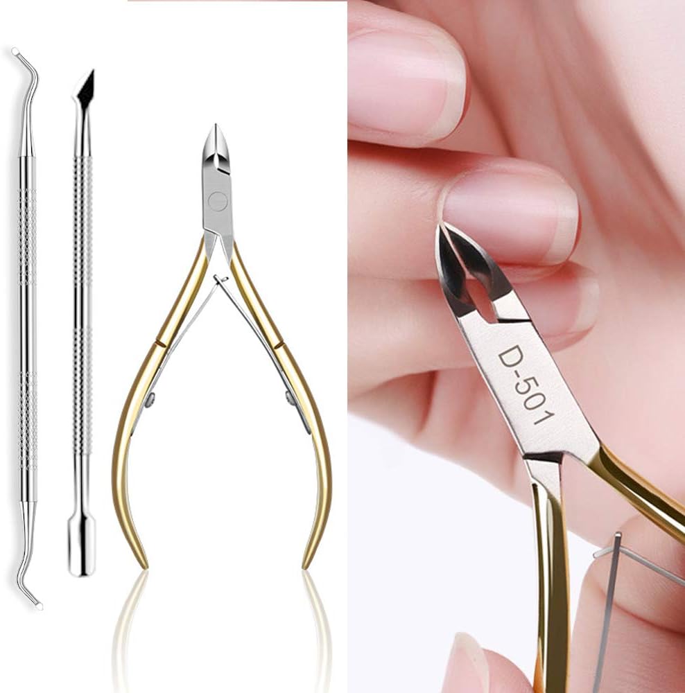 Huture Stainless Steel Cuticle Nippers with Cuticle Clipper Cutter Remover Pedicure Manicure Tool Cuticle Pusher Dead Skin Remover Scissor Plier Durable Pedicure for Fingernails and Toenails Gold