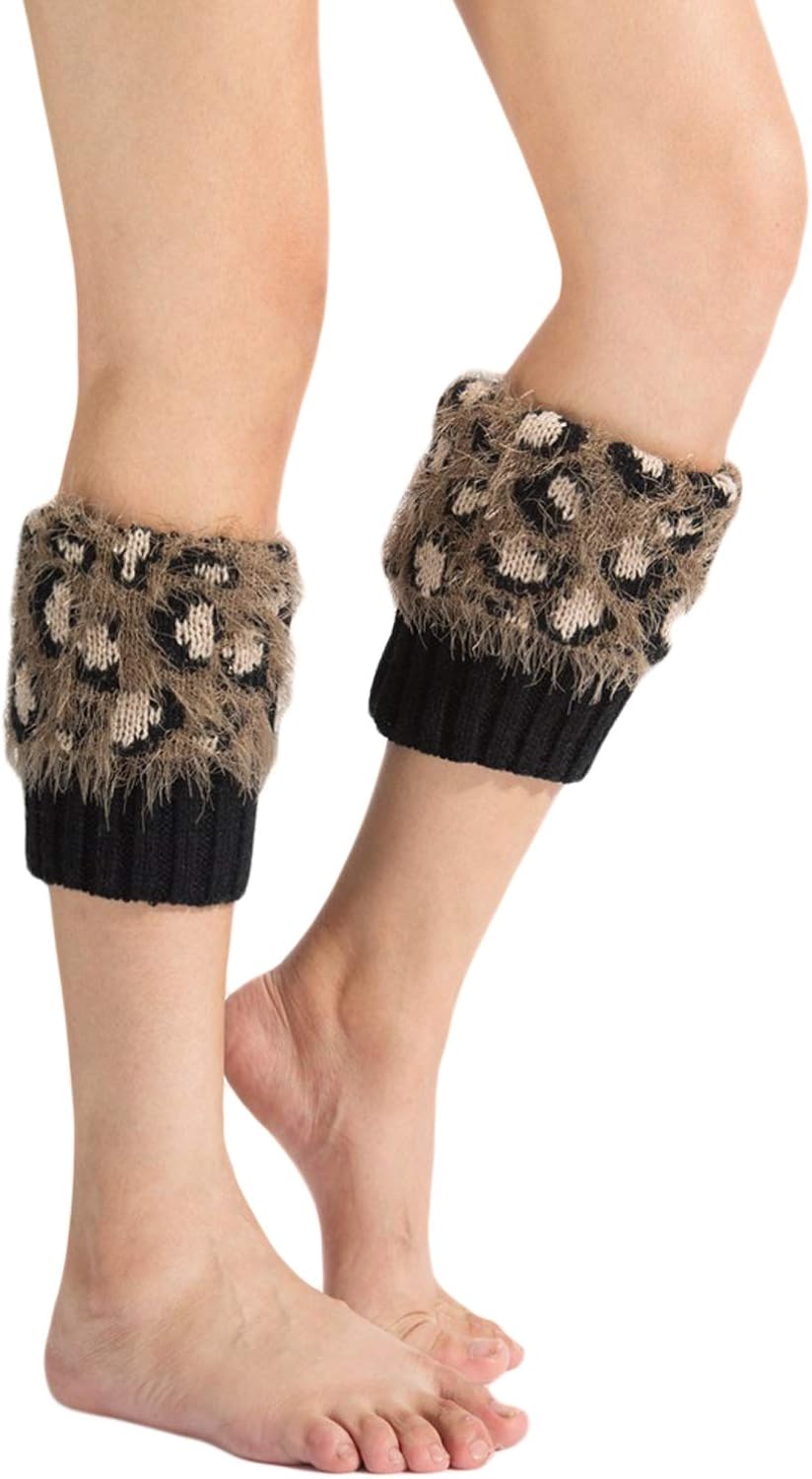 Women Winter Warm Faux Fur Lropard Leg Warmers Knit Corchet Knee